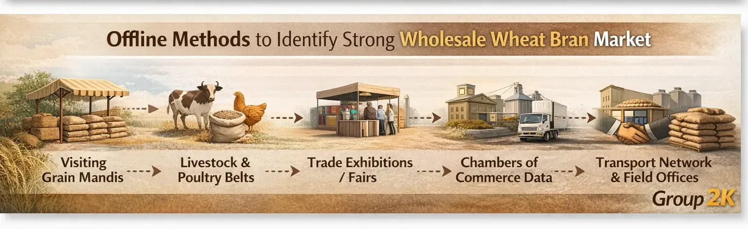 Illustration showing offline methods to identify wholesale wheat bran markets, from grain mandis, livestock, trade fairs, commerce data to transport networks.
