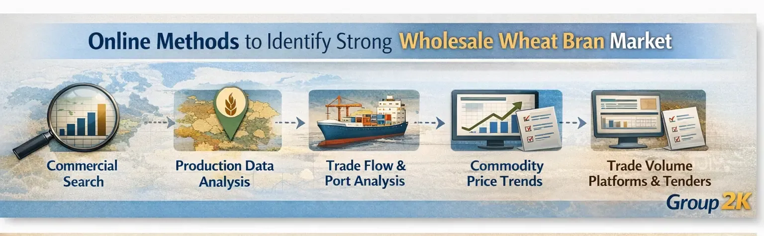 This image illustrates online methods to identify strong wholesale wheat bran markets, including commercial search, production data analysis, trade flow, price trends, and trade volume platforms.